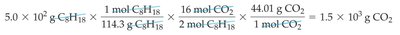 Worked calculation for grams of CO2 produced from octane