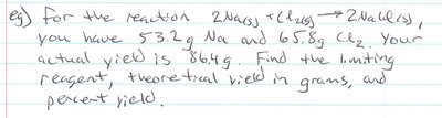 Example problem: Limiting reagent, theoretical yield, and percent yield for Na and Cl2 reaction