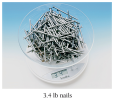 A bowl of nails on a scale, showing 3.4 lb nails