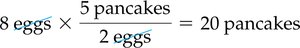 Calculation: 8 eggs x (5 pancakes/2 eggs) = 20 pancakes