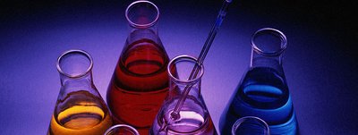 Colored chemical solutions in flasks
