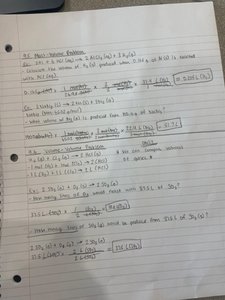 Handwritten stoichiometry mass-mass calculation notes
