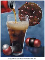 Pouring soda into a glass, with molecular models of carbon dioxide and water