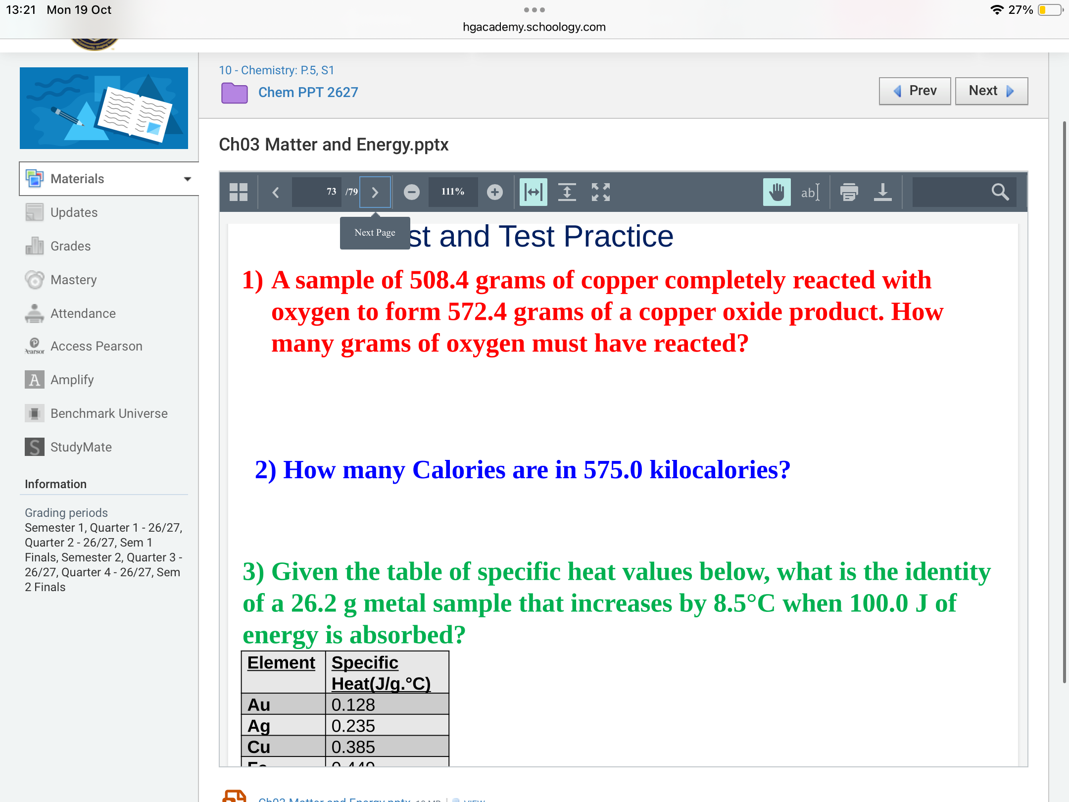 Specific heat values table for Au, Ag, Cu
