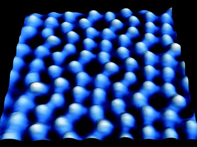 Silicon atoms on a silicon chip produced this image using a scanning tunneling microscope.