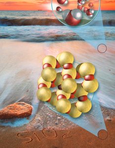 Atomic structure illustration on a beach background