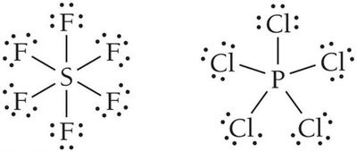 Lewis structures for SF6 and PCl5 (expanded octet)