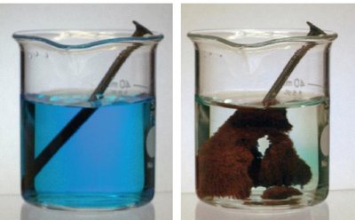 Color change and solid formation in a chemical reaction