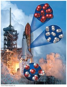 Space shuttle launch with molecular diagrams of hydrogen, oxygen, and water formation