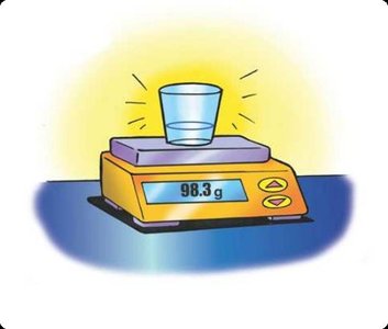 A beaker on a digital scale showing mass measurement