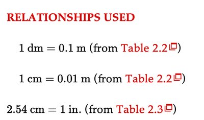 Relationships used for unit conversions: dm to m, cm to m, cm to in