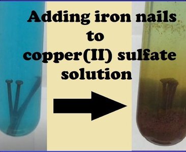 Iron nails in copper(II) sulfate solution showing single displacement