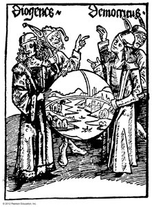 Medieval illustration of Democritus and Diogenes discussing atoms