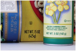 Packaged food labels showing both U.S. and metric units