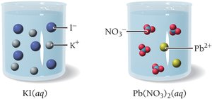 Ions in KI(aq) and Pb(NO3)2(aq) before mixing