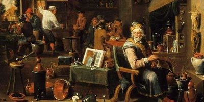 Historical painting of an alchemist's workshop