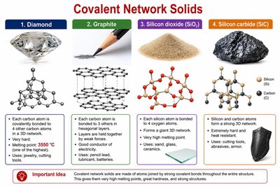 Examples and structures of covalent network solids: diamond, graphite, silicon dioxide, silicon carbide