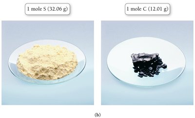 1 mole S (32.06 g) and 1 mole C (12.01 g)