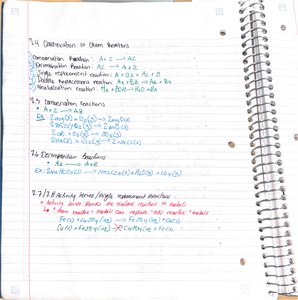 Handwritten notes showing classification and examples of chemical reactions