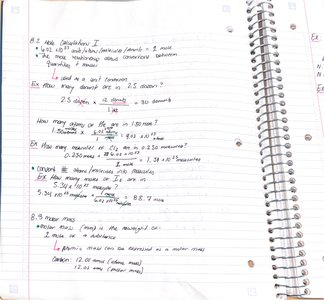 Handwritten notes showing mole calculations and examples