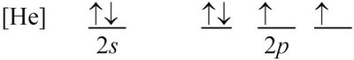 Orbital-filling diagram with [He] core, paired 2s, and four electrons in 2p