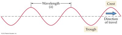 Diagram of a wave showing wavelength, crest, and trough