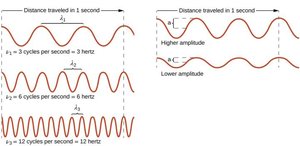 Sinusoidal waves showing wavelength, frequency, and amplitude