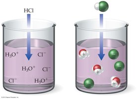 Diagram showing HCl completely ionized in solution