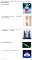 Evidence of a chemical reaction: color change, precipitate, gas, light, heat