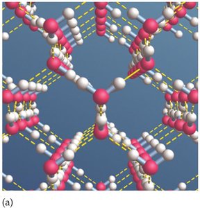 Molecular structure of ice showing hydrogen bonding