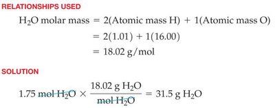 Calculation for converting moles to grams (water)