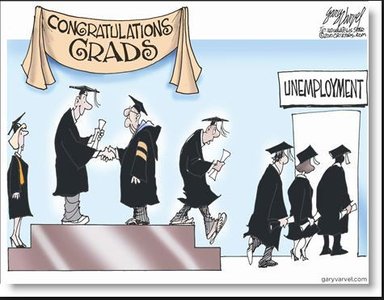 Cartoon of graduates entering unemployment