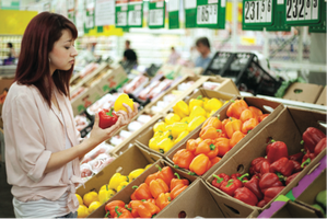 A consumer choosing among bell peppers in a grocery store, illustrating consumer choice and market coordination