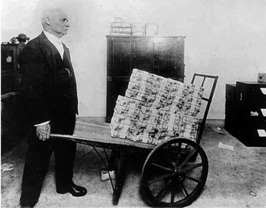 Man with a wheelbarrow full of money, illustrating hyperinflation
