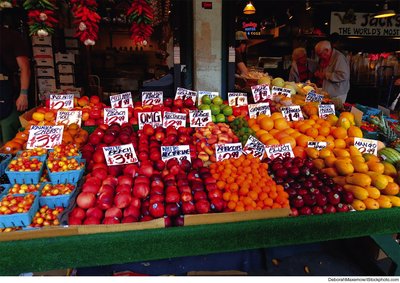 Fruits priced in a common unit of account at a market