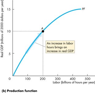 Production function: increase in labor hours increases real GDP