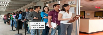 People waiting in line at an employment office