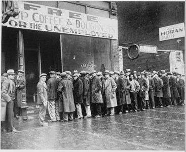 Unemployed people in a queue during economic downturn