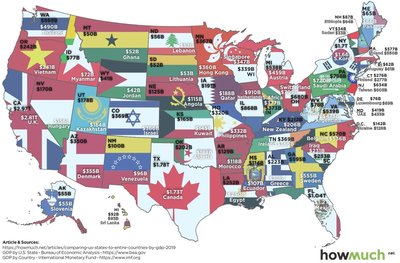 Map comparing state GDPs to countries