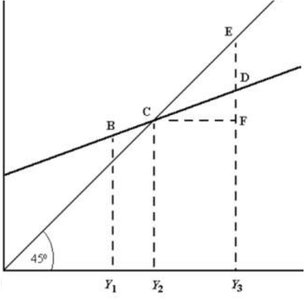 Fully labeled graph with 45-degree line and consumption curve