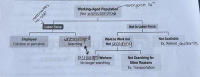 Labor force classification diagram showing employed, unemployed, discouraged workers, and not in labor force