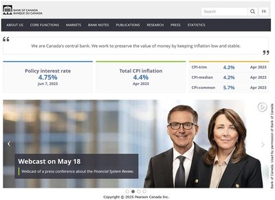 Bank of Canada website showing policy interest rate and inflation