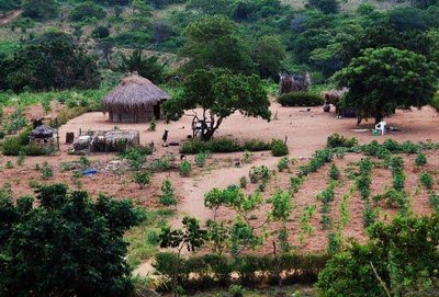 A rural village with basic agriculture, representing low capital and productivity