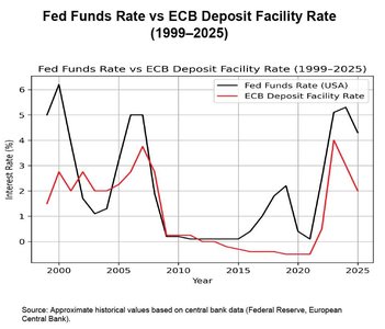 Fed Funds Rate vs ECB Deposit Facility Rate (1999–2025)