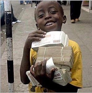 Child carrying bundles of currency during hyperinflation