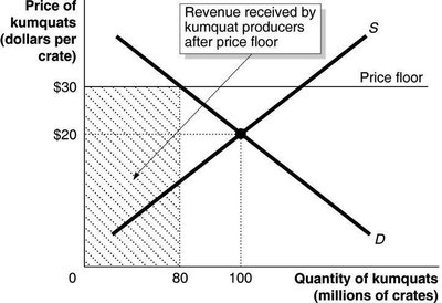 Supply and demand graph showing revenue after price floor for kumquat producers