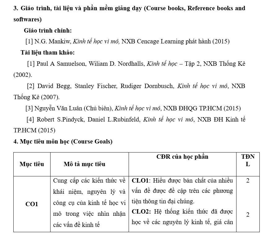 Course books and goals table