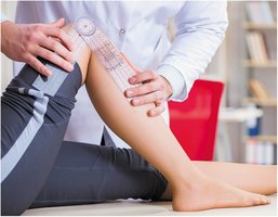 Physical therapist using a goniometer on a patient's knee