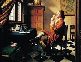 Antonie van Leeuwenhoek observing with a microscope