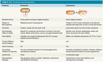 Table comparing exotoxins and endotoxins